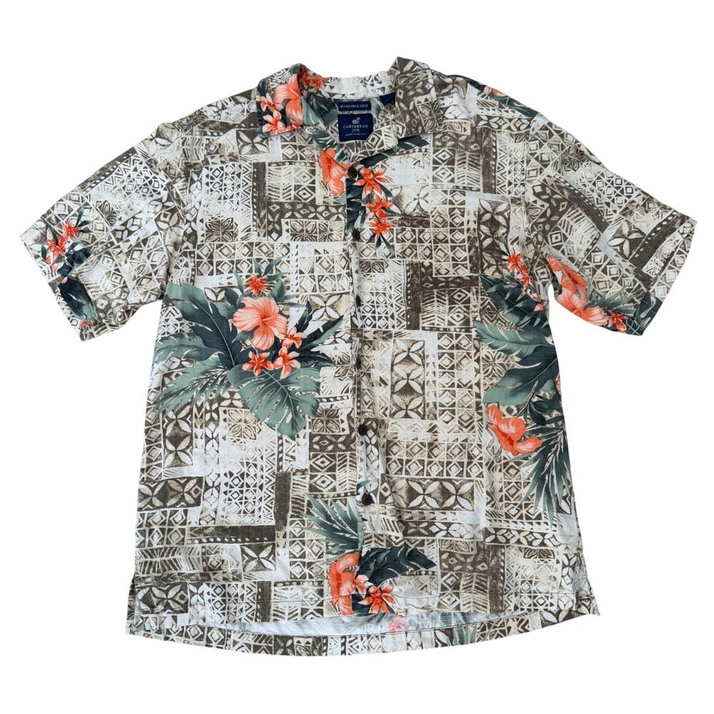 Caribbean Joe Mens Large Silk Hawaiian Shirt Floral Tropical Print Aloha Beach